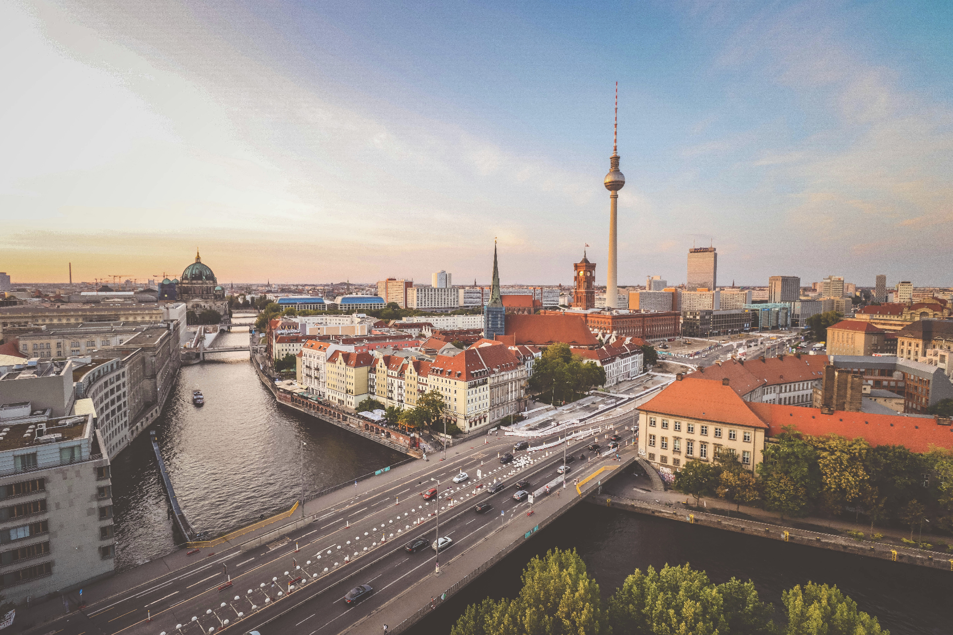 Berlin cityscape with TV tower and Spree river